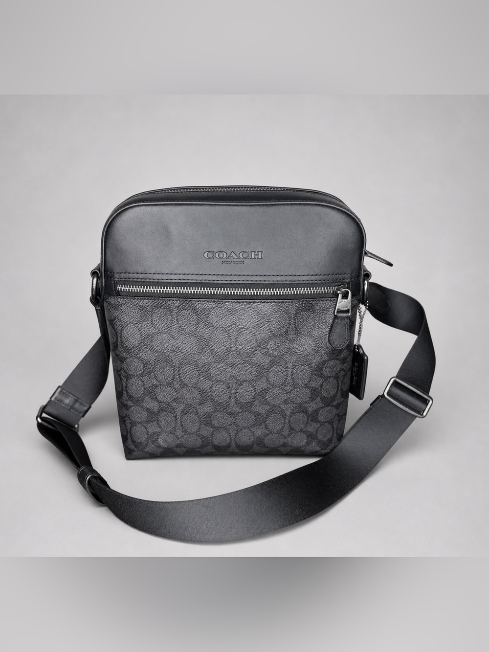 Coach Men’s Charcoal Signature Crossbody Bag Black Leather Trim Messenger - Picture 3 of 17